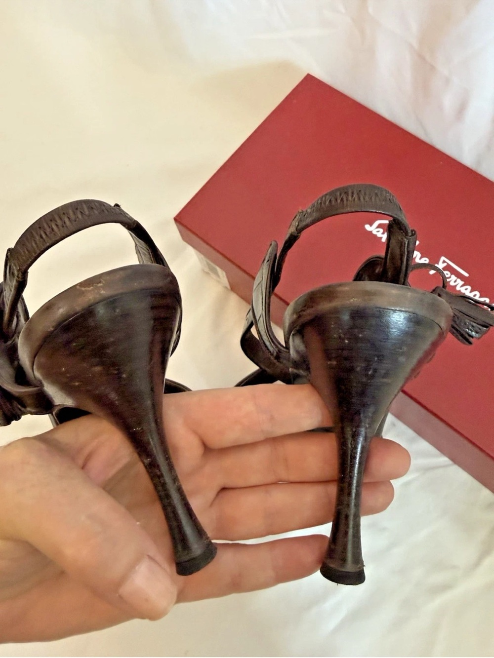 Salvatore Ferragamo Brown Embossed Leather Sandal Heels - Size 9 B - Picture 7 of 8